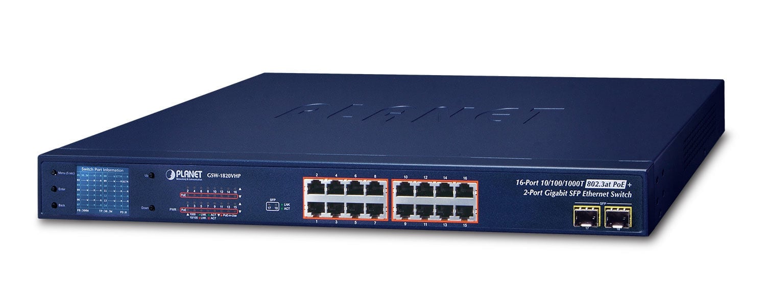 Switch Ethernet SFP Gigabit de 16 Puertos 10/100/1000T 802.3at + Monitor LCD PoE