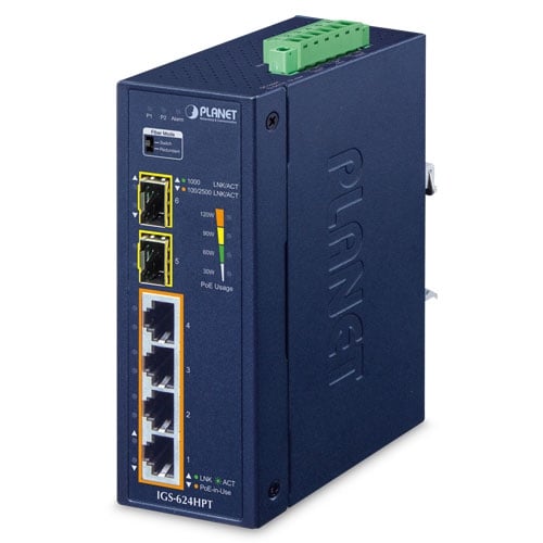 Switch Ethernet Industrial de 4 Puertos 10/100/1000T 802.3at PoE + 2 Puertos 100/1000/2500X SFP