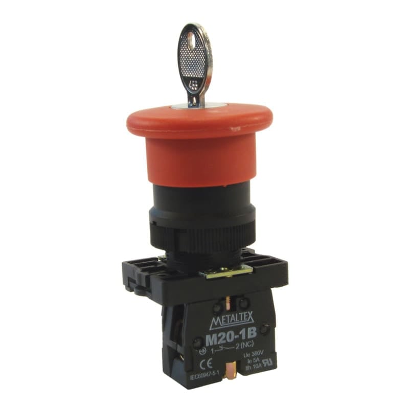 Botón de emergencia tipo hongo con llave plástica 22mm 1NC serie P20