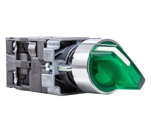 Selector iluminado, 3 posiciones fijas, 2 contactos NA, 24 VCA/VCC, color verde